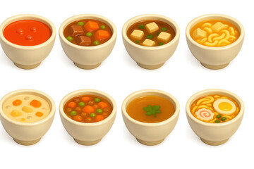 Y2k 3d soup & stew icons set – tomato, tofu, noodle, peas, potato, egg, carrot, clover. 3D icon set