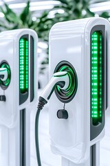 Two white electric vehicle charging stations with green LED lights, one with a charging cable plugged in