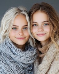 Two smiling teenage girls with blonde and light brown hair, wearing cozy knit scarves, pose closely together against a neutral background