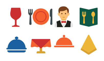 Restaurant and dining flat icons set – food, culinary, meal preparation graphics