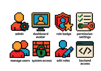 Fototapeta premium Admin and access pixel art icons set – manage, dashboard, role and permission symbols