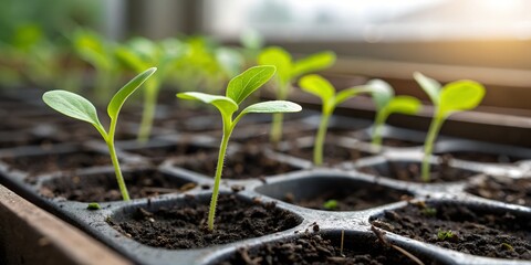 Young Seedlings Growing in Seed Tray, Close-Up
