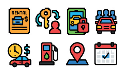 Car rental service icons set – flat, outline, vehicle and booking symbols