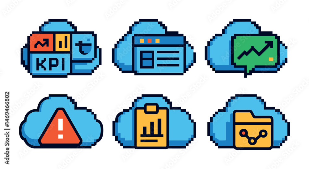 Poster data analysis icons set – pixel art, cloud computing and analytics symbols