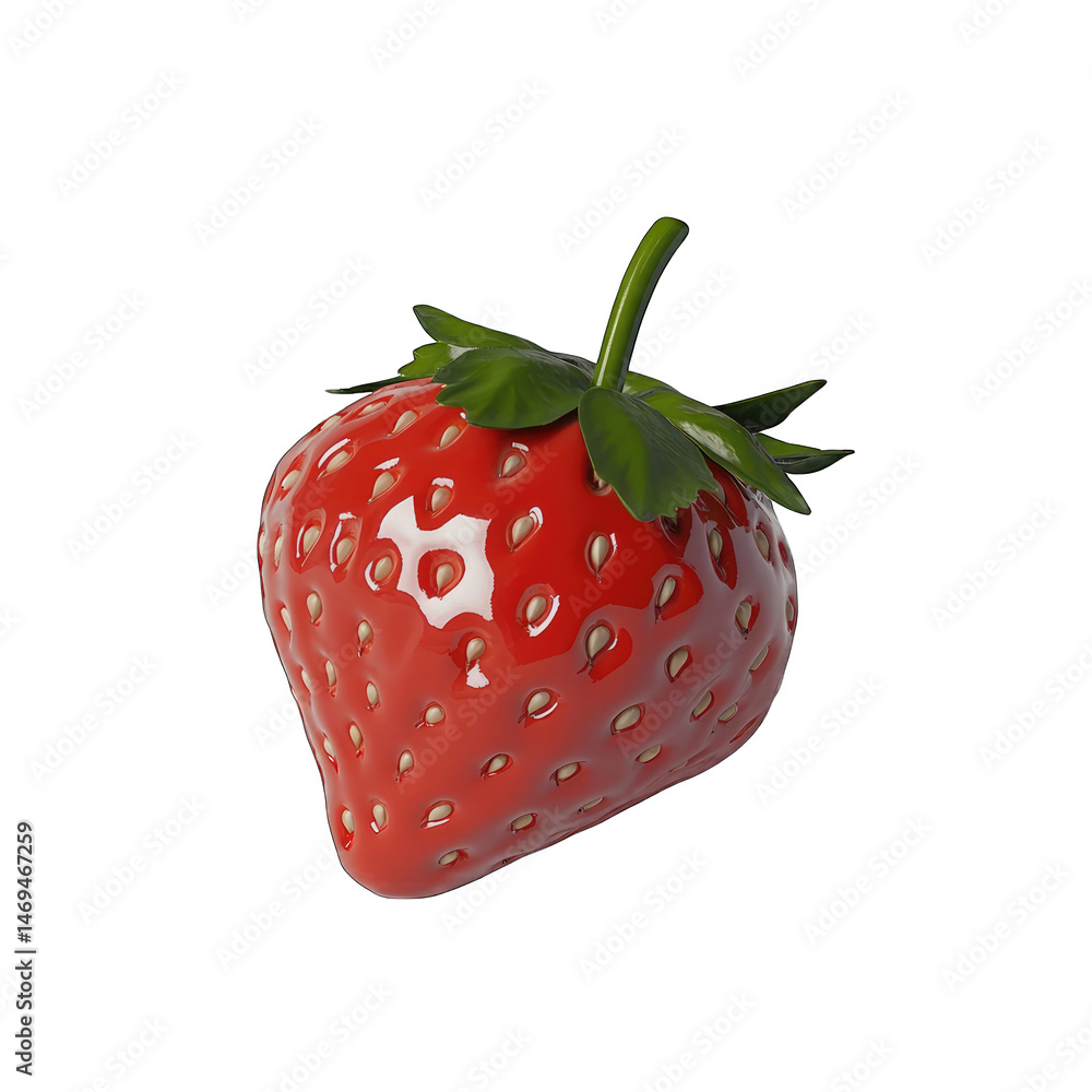 Poster 3d render of a shiny red strawberry with green leaves isolated on transparent background