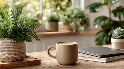 Remote work setup with laptop and cozy coffee mug in a bright home office environment