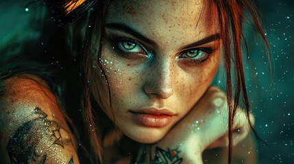 Otherworldly fairy close-up with bioluminescent wings, ethereal dreamscape ambiance.
