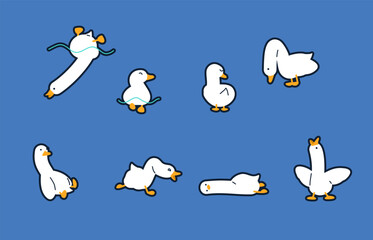 Funny goose character sticker pack in minimalist vector style. White bird illustration set with different emotions: anger, confusion, and joy.