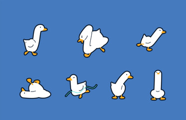Funny goose character sticker pack in minimalist vector style. White bird illustration set with different emotions: anger, confusion, and joy.
