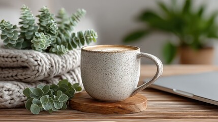 Cozy remote work setup with laptop and coffee mug home office environment modern view