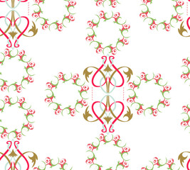 A seamless pattern of elements in the form of stylized flowers, reminiscent of ancient Russian painting.