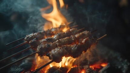 Grilled Meat Skewers over Charcoal Fire