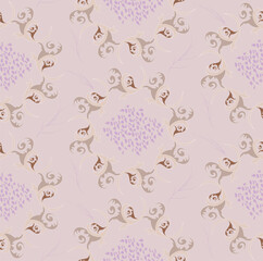 Brown, beige stylized leaves arranged in a circle, lilac spots in the center of circles, vector seamless pattern.