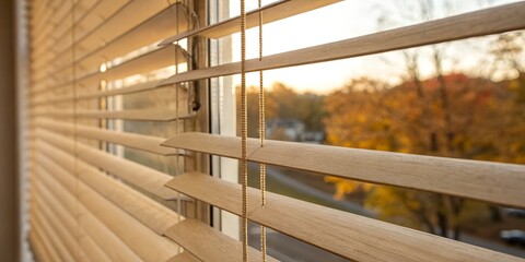 Wooden Venetian Blinds with Autumnal View