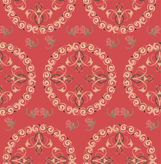 Seamless vector pattern of elements in the form of stylized flowers and leaves, reminiscent of Old Russian painting, on a coral background.