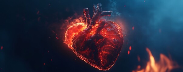 Fiery heart anatomy conceptual illustration of a glowing human heart in flame against dark background