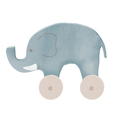 Funny wooden grey elephant on wheels. Watercolor illustration. A child's toy for toddlers that stands out against a white background. For children's decor