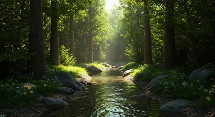 Fototapeta premium Sunlit Forest Stream: 3D Render, Lush Greens AI Generated