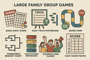 Family board games flat icons set – game night, trivia, bingo symbols