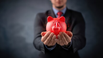 Businessman holding red piggy bank with warning sign shows financial alert, business problems, savings risk and business stress under Market Crash