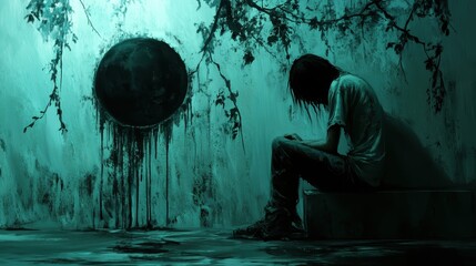 A person sitting alone in a dark room, surrounded by an eerie atmosphere.