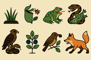 Fototapeta premium Nature and wildlife outline icons set – linear, silhouette, forest animals and plants