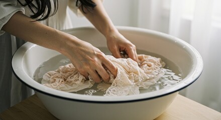 Woman hand washing delicate lace clothing