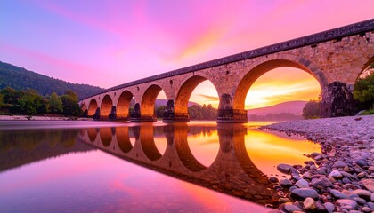 The river reflects the bridge's grandeur.  