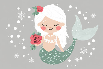 Cute Mermaid with Snowflakes. An adorable mermaid with white hair, adorned with a red rose and pearls, is set against a backdrop of falling snowflakes and dots in a whimsical illustration.