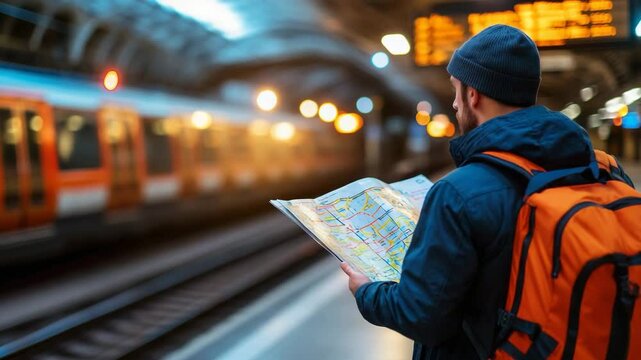 A traveler with an orange backpack studies a map while waiting on a train platform with blurred trains in the background.