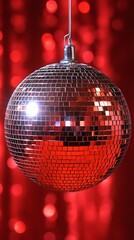 Obraz premium Reflective disco ball against a red background.
