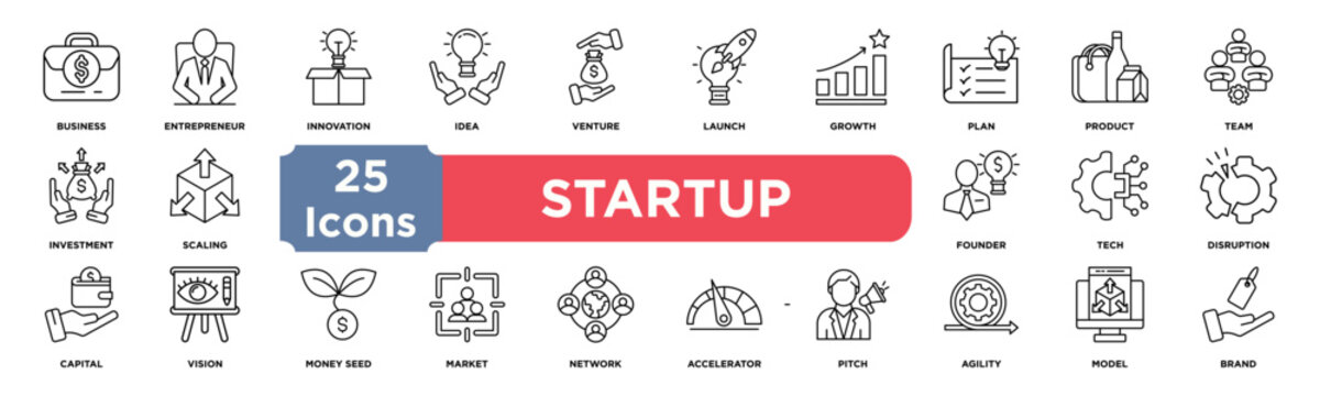 startup icon collection set. Containing business,entrepreneur,innovation,idea,venture,launch,growth,plan,product and team icon. Simple line vector.