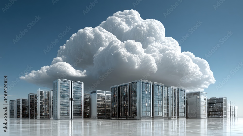 Poster cloud computing infrastructure with server racks under a dramatic cloudy sky futuristic technology c