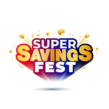 Super saving fest, discount, low price, sales promotion concept. 3d logo with golden coins.
