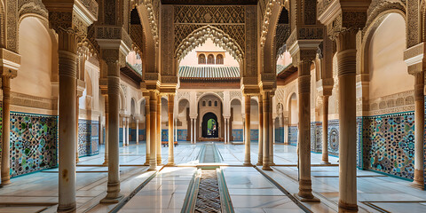 Obraz premium Intricate Arches and Columns in a Spacious Moroccan Palace Corridor