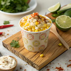 cup with delicious esquites on wooden board