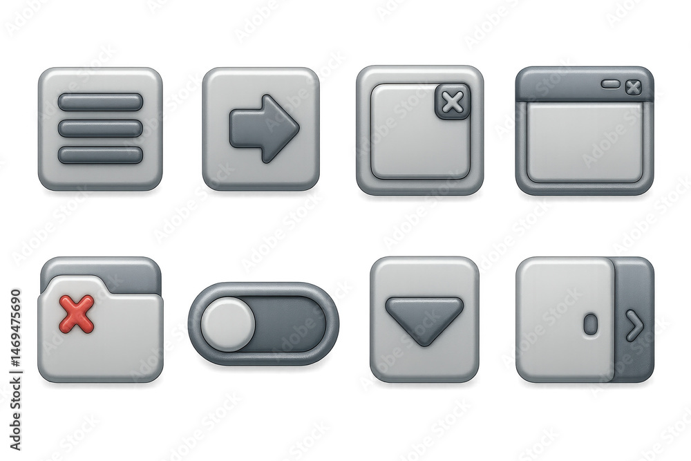 Poster 3d y2k ui elements icons set – menu, arrow, close, window, folder, toggle, dropdown, slider. 3d icon