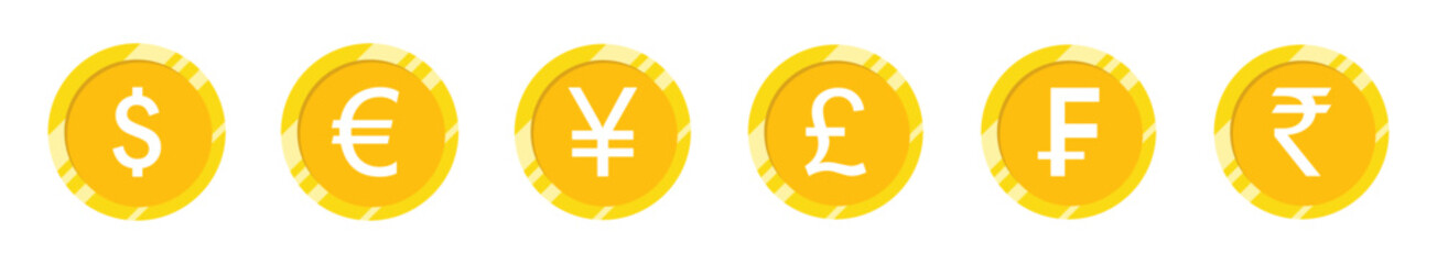 Vector illustration of gold coins with currency symbols Dollar, Euro, Yen, Pound, Ruble, and Rupee. Perfect for finance, banking, investment, forex, or global economy-related themes.
