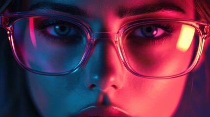 Close-up of a woman with stylish glasses, colorful lighting effect.