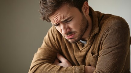 Obraz premium Concerned man with furrowed brow expressing sadness and emotional turmoil.