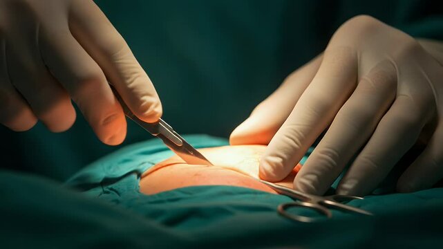Surgical Procedure: Close-up of a surgeon's hands performing a delicate incision during an operation.