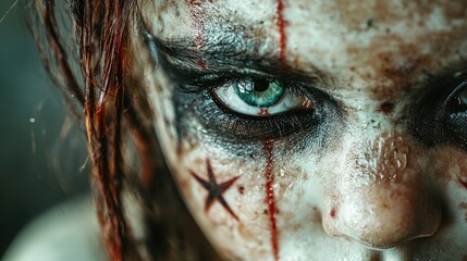 Tattoo-style close-up of a mystical child with celestial symbols on their face.