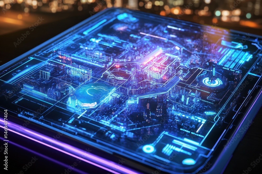 Poster a futuristic ai interface with a glowing, interactive 3d map of a city .