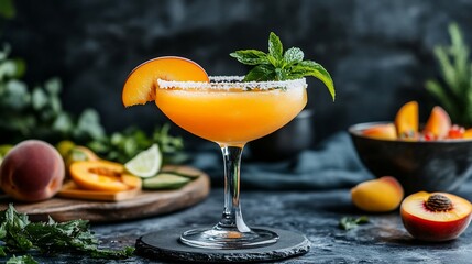 Peach cocktail in a martini glass garnished with fresh mint and peach slice