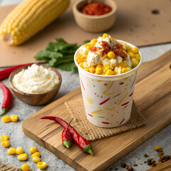 cup with delicious esquites on wooden board