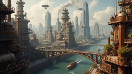 Naklejka premium Steampunk Metropolis Futuristic Cityscape with Airships and Canals