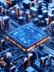 Fototapeta premium A close-up view of a glowing blue processor chip, surrounded by intricate circuitry