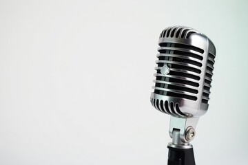 Close-up shot of a single microphone on white background, technology, white