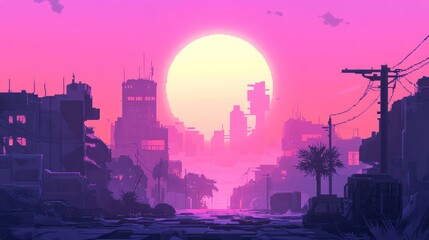 Cyberpunk sunset city ruins, palm trees, dystopian background, game art