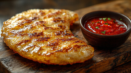 Belyash resting on a rustic wooden board beside a small bowl of dipping sauce